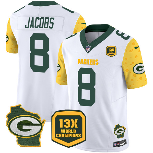 Men's Green Bay Packers #8 Josh Jacobs Cheese White 2024 F.U.S.E. 13 Time World Champions And Home Patch Vapor Untouchable Limited Stitched Football Jersey Men's Green Bay Packers #8 Josh Jacobs Cheese White 2024 F.U.S.E. 13 Time World Champions And Home Patch Vapor Untouchable Limited Stitched Football Jersey